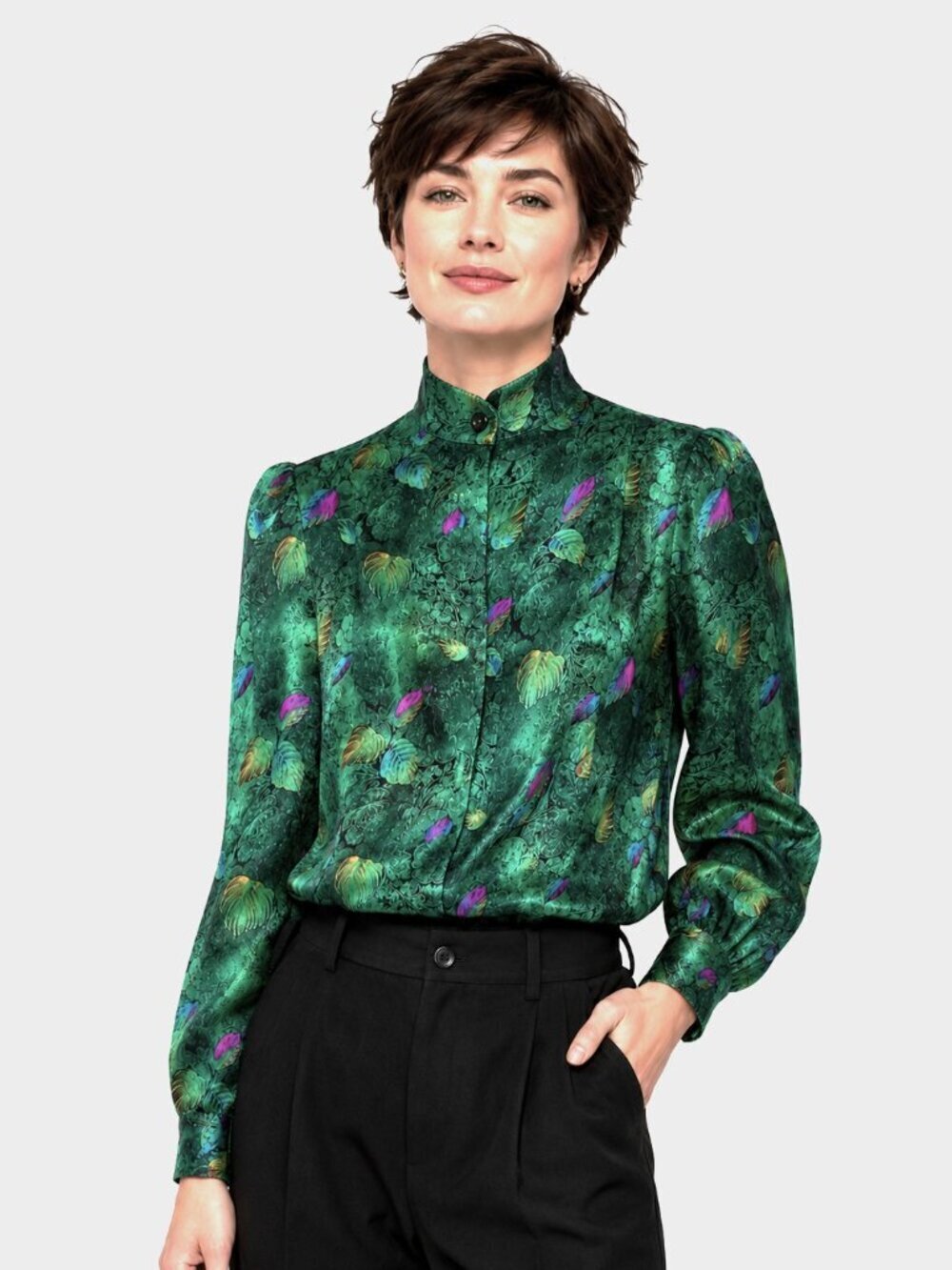 Vintage Philippe Marques Green Leaf Print Jacquard High Neck Blouse